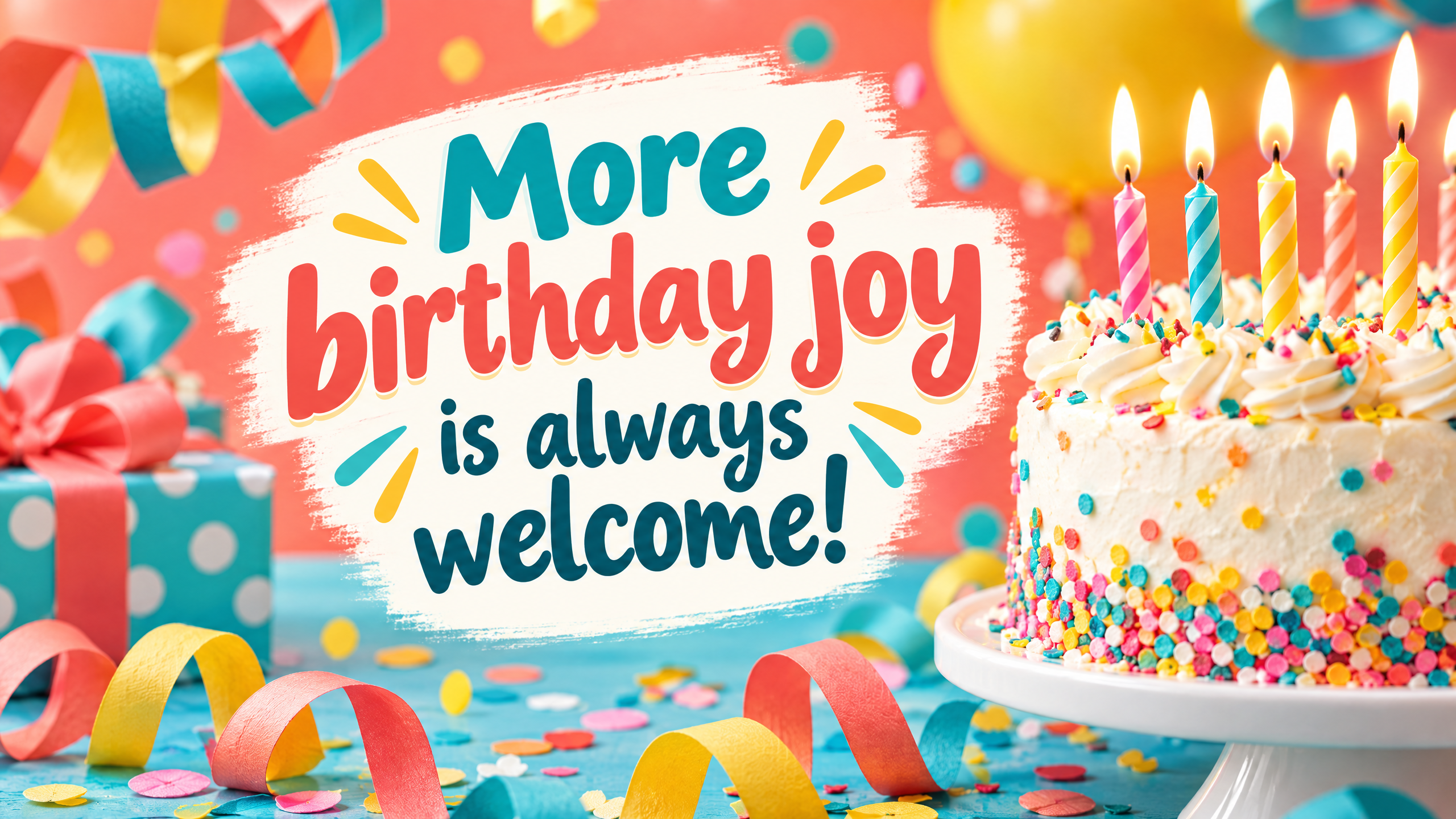 Colorful coral and teal birthday cake graphic: More birthday joy is always welcome