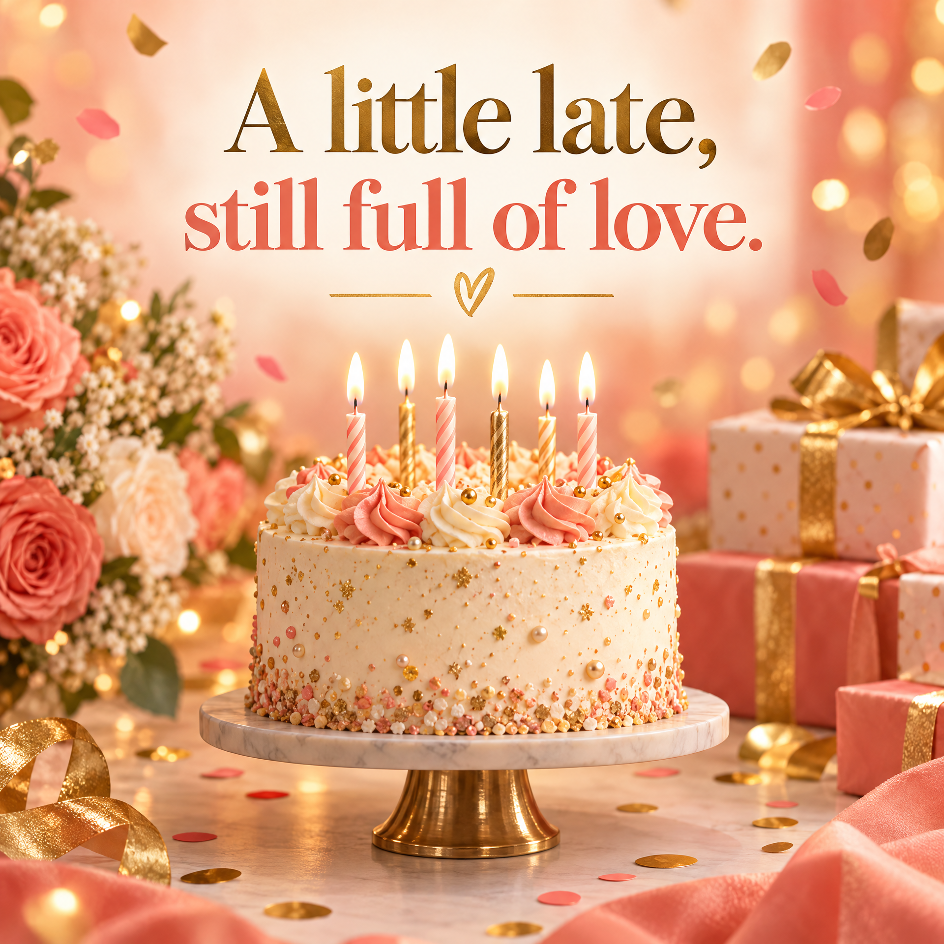 Birthday cake quote graphic: A little late, still full of love