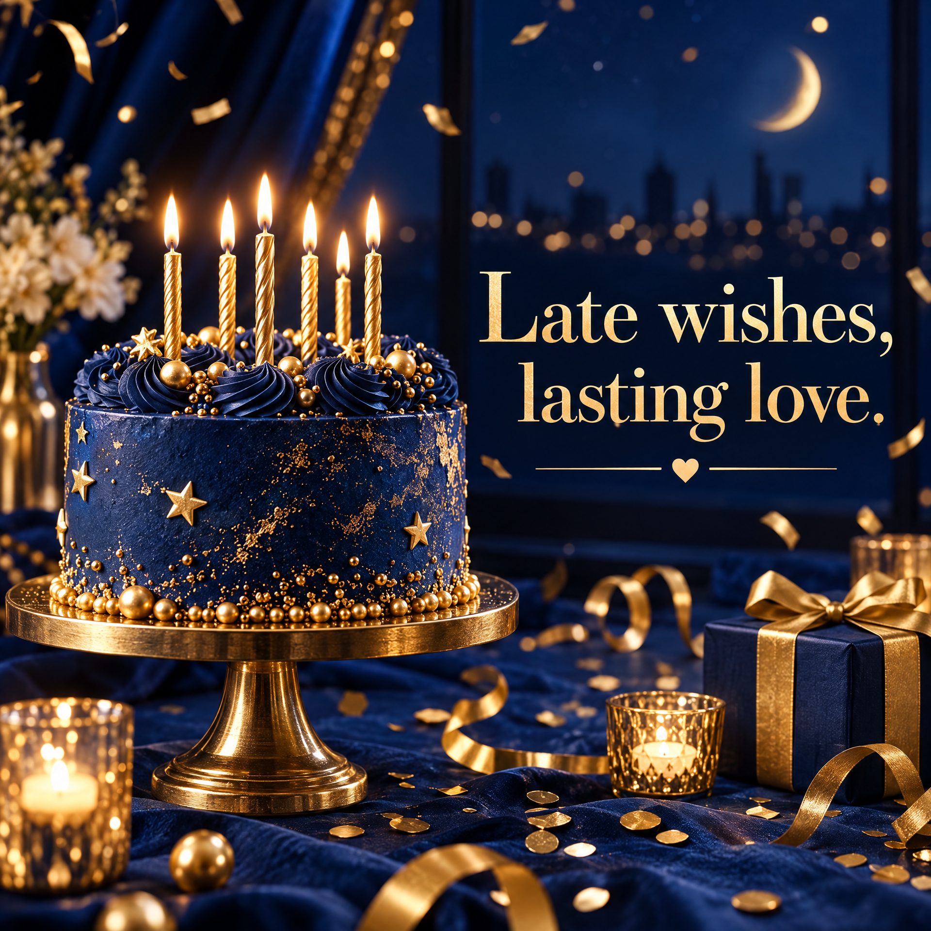 Jewel-blue birthday cake with the quote Late wishes, lasting love