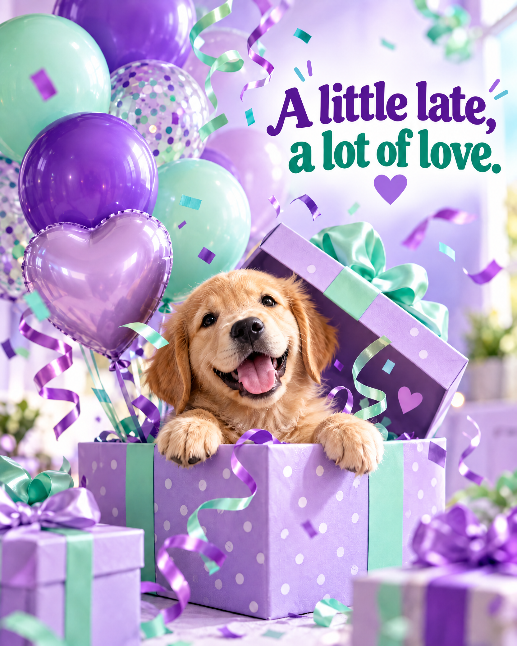 Lavender and mint birthday balloons with a puppy and quote A little late, a lot of love