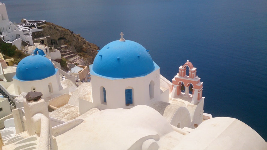 Blue and white Greek rooftops