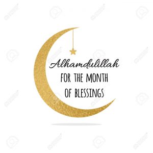 Alhamdulillah quote into golden crescent moon and star for Holy Month of Muslim Community, Ramadan Kareem celebration.