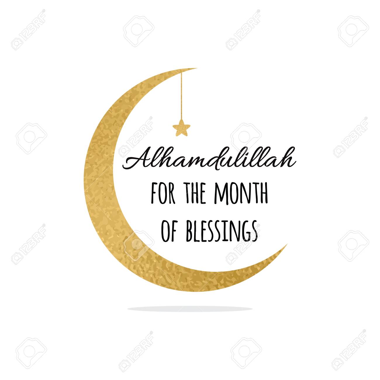 Alhamdulillah quote into golden crescent moon and star for Holy Month of Muslim Community, Ramadan Kareem celebration.