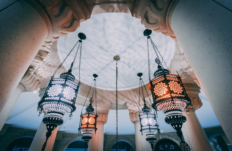 pendant lamps turned on inside dome