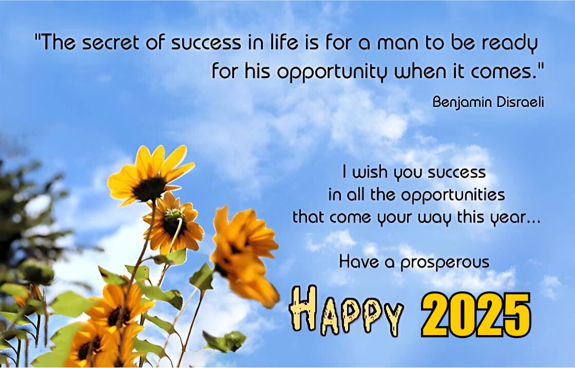 "The secret of success in life is for a man to be ready for his opportunity when it comes." Benjamin Disraeli
I wish you success in all the opportunities that come your way this year… Have a prosperous HAPPY 2025