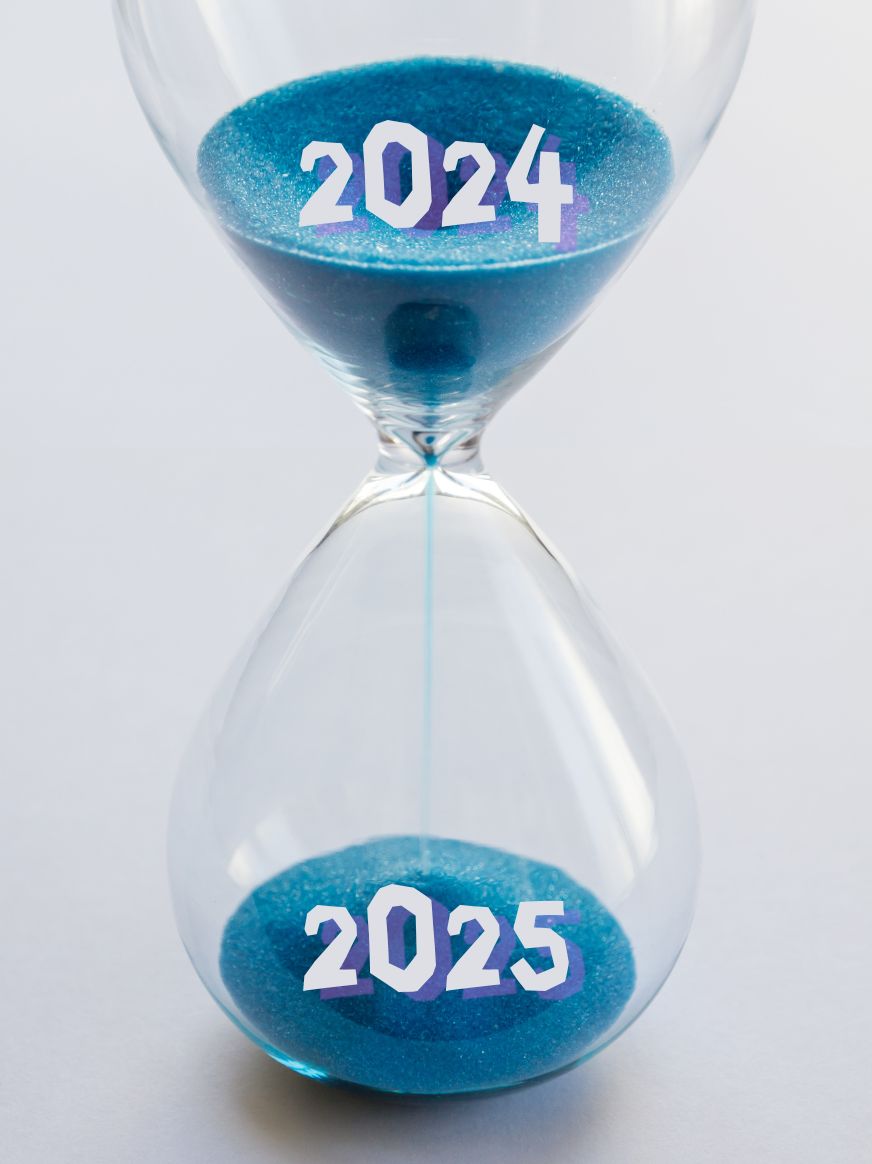 passing new year present 2024 future 2025 concept part hourglass falling sand taking shape years