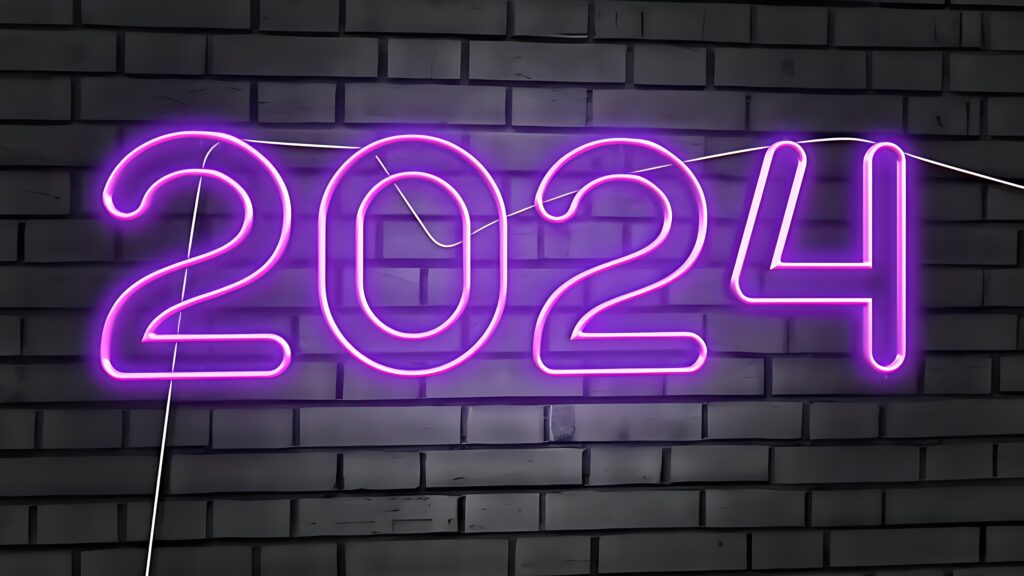 Happy New Year 2024 3D Neon On White Bricks Background 2560x1440 UHD wallpaper for pc