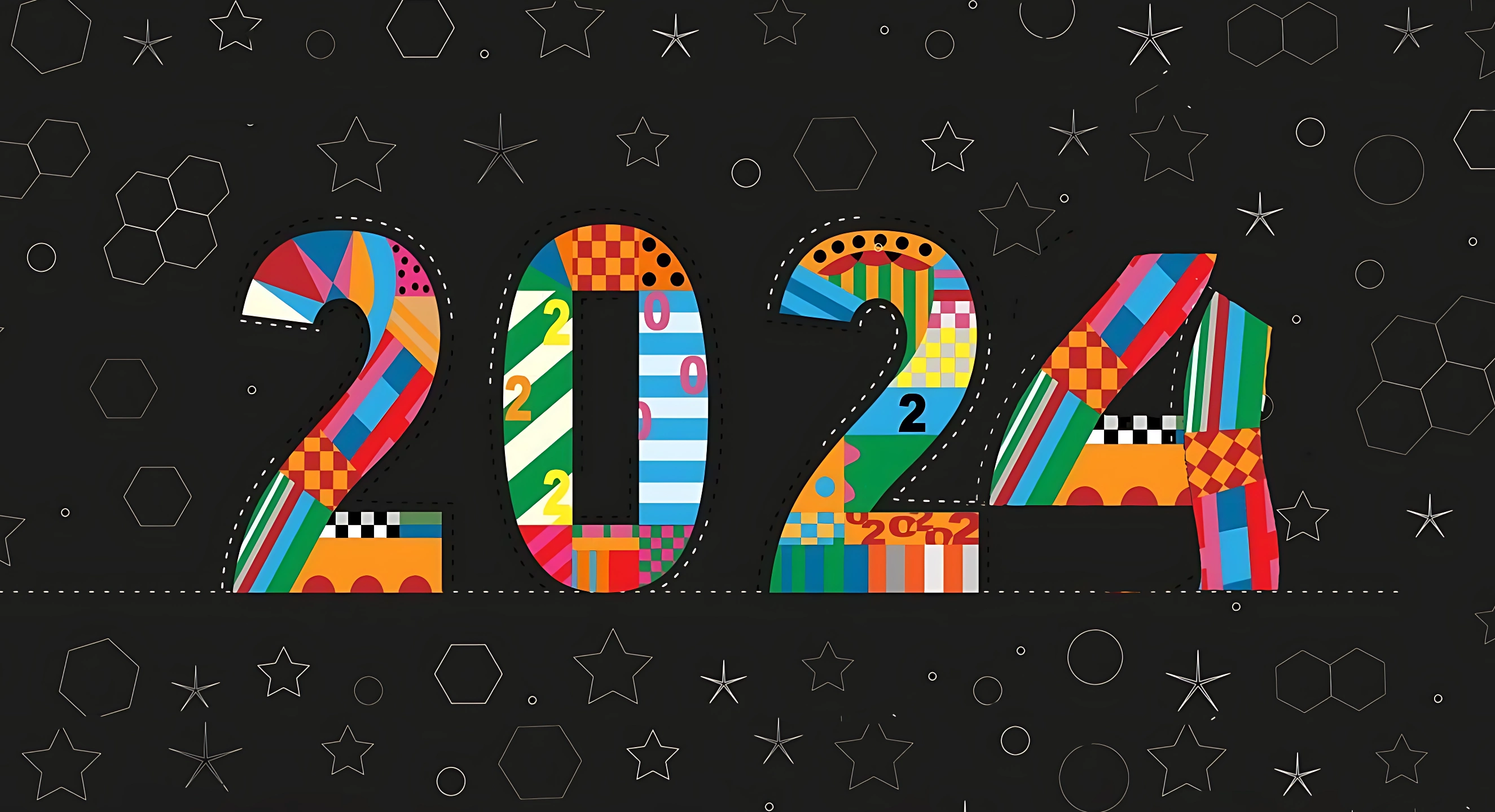 2024 typography text font in colourful of geometric style on black background 2650x1440 wallpaper