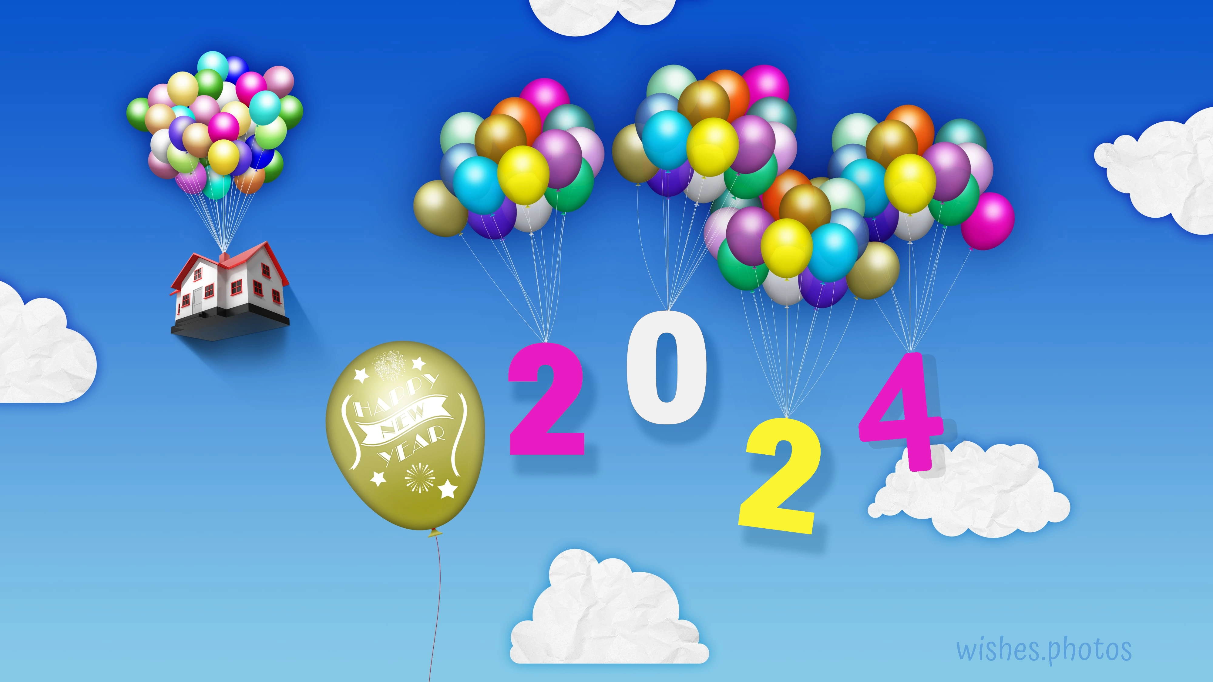 2024 year happy new year balloon house sky hd wallpaper 4K UHD