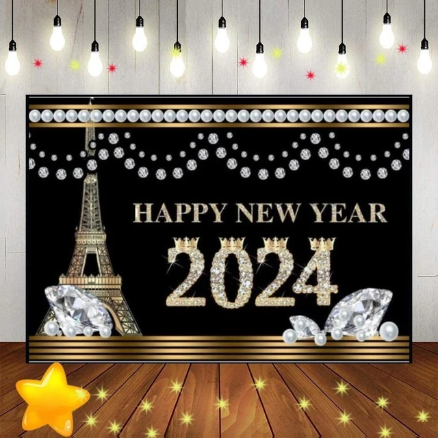 Happy New Year 2024 Photo Background Eve Custom Birthday Backdrop 12 O 'Clock Countdown Photography Backdrops Champagne Party