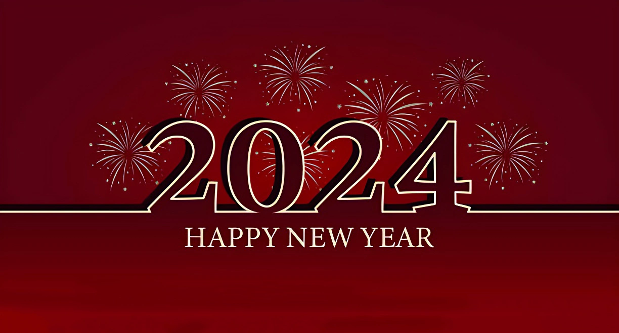 Happy New Year 2024. Christmas background with golden numbers 2024 and fireworks on a red background. stock illustration