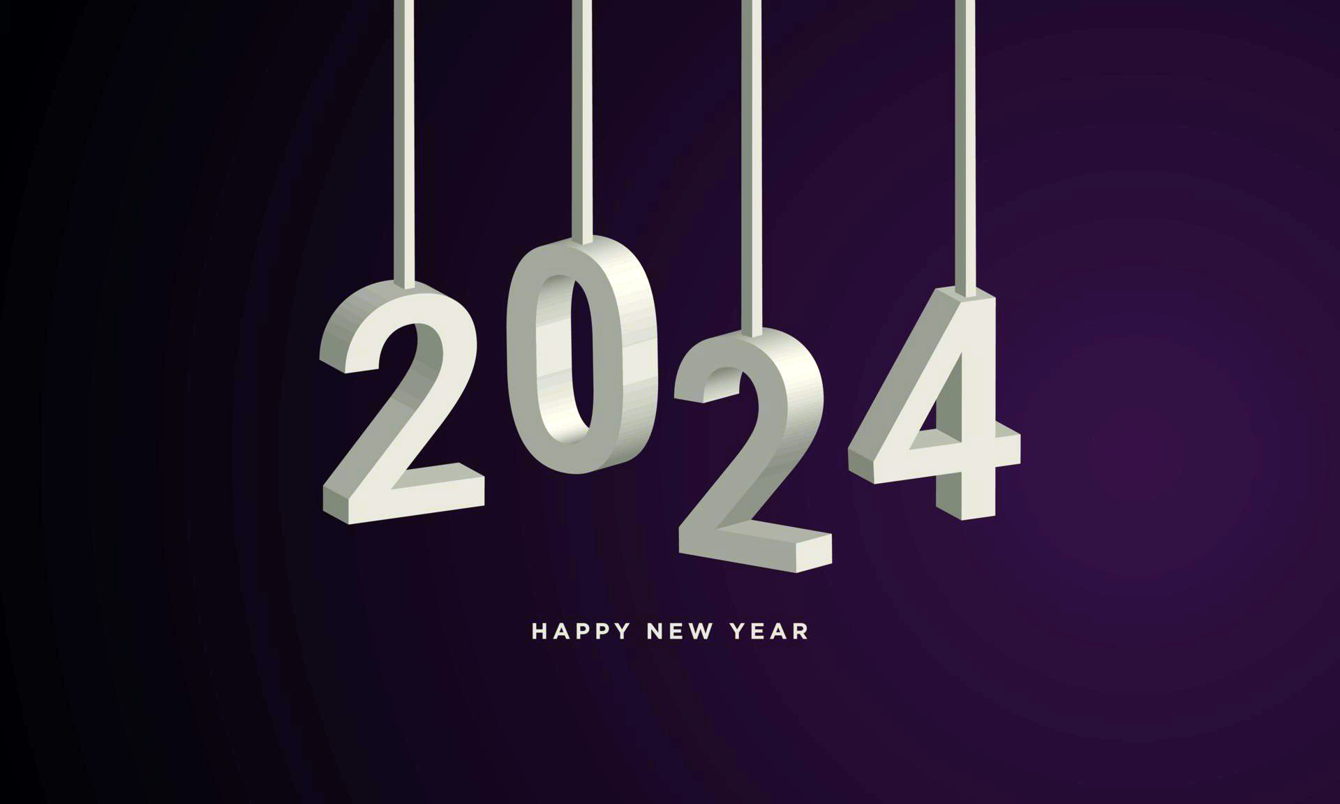 happy new year 2024 hanging golden 3d numbers with ribbons modern happy new year background