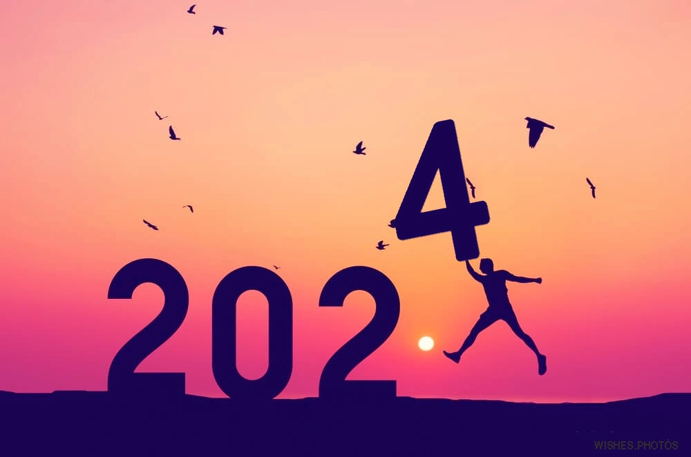 hd new year background 2024 with a man placing 2024 letter by flying jump