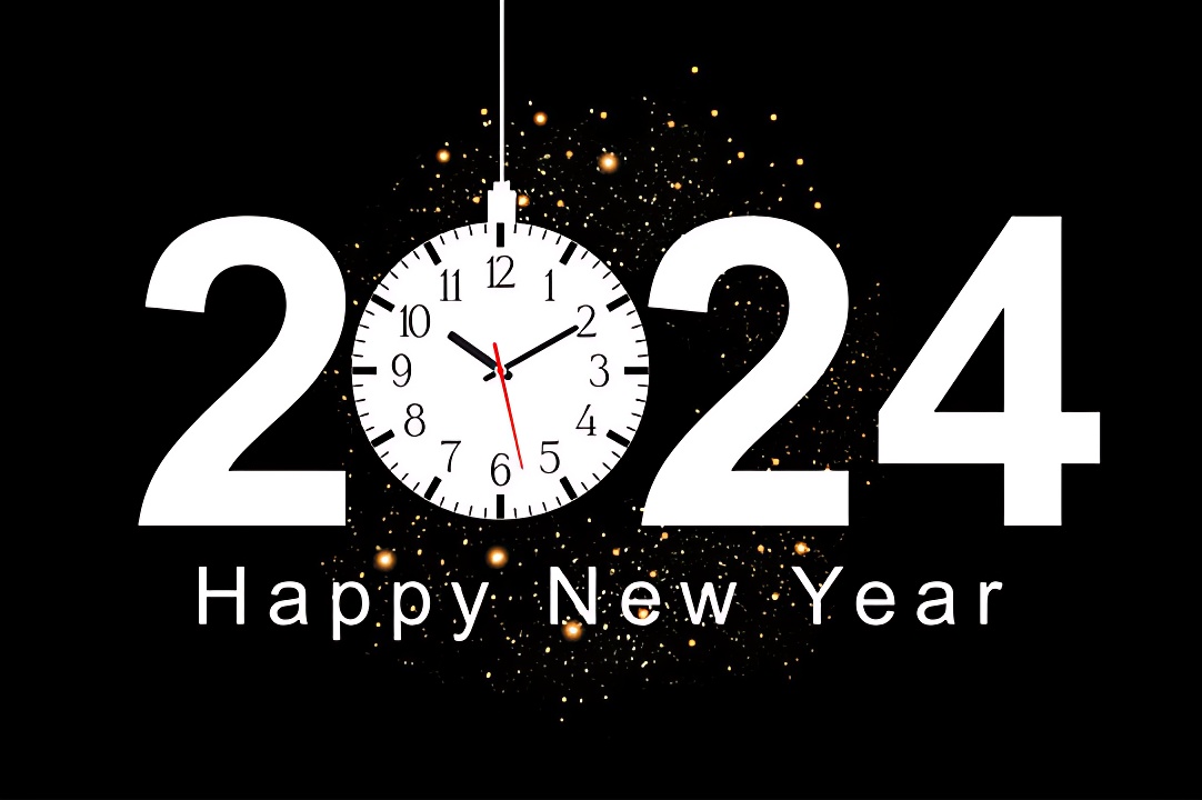 2024 with o'clock Happy new year image with black background