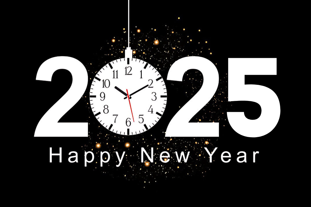 2025 with o'clock Happy new year image with black background