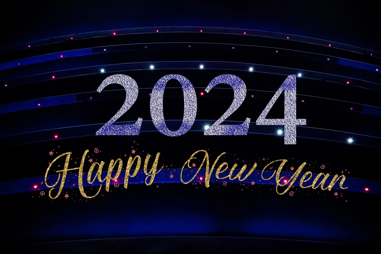 Happy New Year 2024 Wallpapers HD Images gold and silver letter on blue background