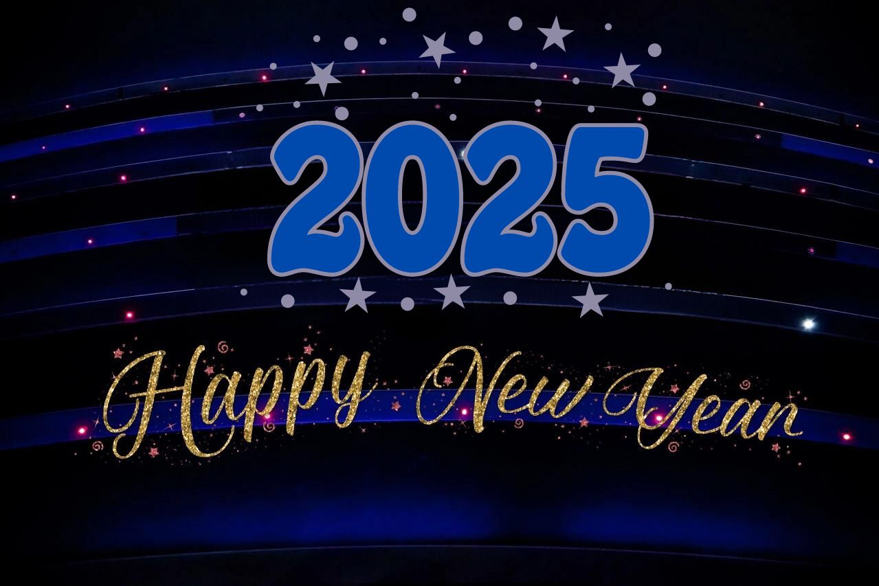 Happy New Year 2025 Wallpapers HD Images gold and silver letter on blue background