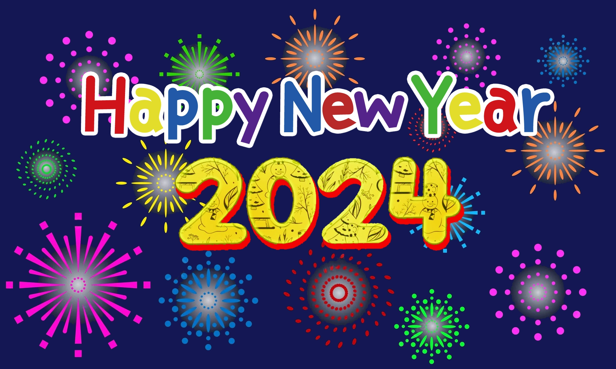 happy new year 2024 bright colorful fireworks flat geometric design holiday decor postcard