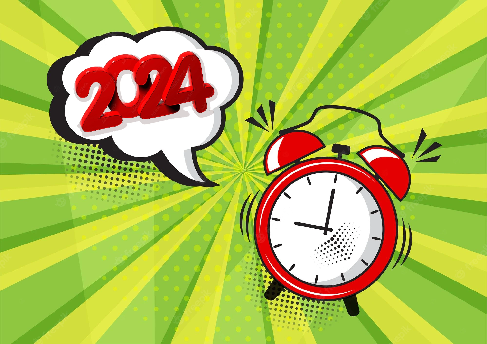 new year 2024 vector comic alarm clock with speech bubble comic sound effect pop art style