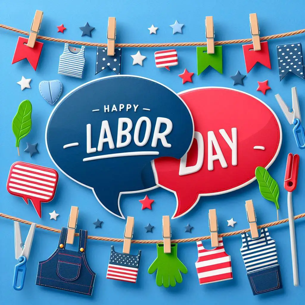 Labor Day Facebook post with speech bubble cutouts, colorful clothespins, matching blue, red, and green tones, light blue backdrop, and hanging string effect