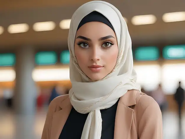 beautiful muslim woman wearing hijab professional casual dress airport islamic religious concept