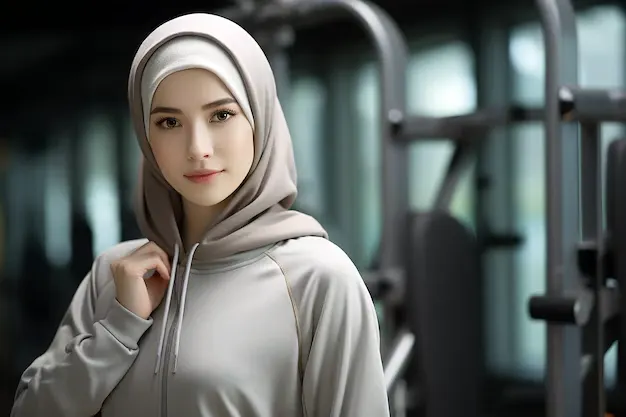 healthy asian muslim girl wearing sportswear exercising gym