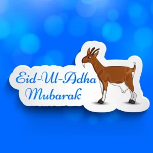 A digital graphic featuring a bright blue bokeh background. Overlaid is a white cloud-shaped sticker with a drop shadow, containing the text "Eid-Ul-Adha Mubarak" in blue cursive font next to an illustration of a brown and white goat.
