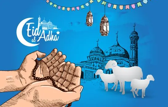 bakra eid images (A digital illustration on a bright blue background. In the foreground, two hands are cupped in prayer, draped with a dark brown tasbih. In the background on the right, three white sheep stand before a sketched illustration of a large mosque. Colorful bunting and two metallic lanterns hang from the top of the image. On the top left, the text "Eid al Adha" is written with a white crescent moon design.)