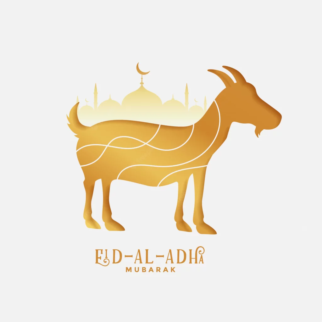 A stylized golden goat silhouette with white decorative lines, set against a background of faint mosque silhouettes and a crescent moon, featuring the text "Eid-al-Adha Mubarak."