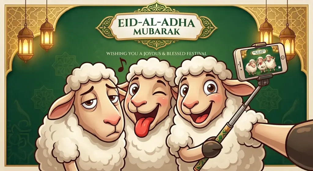 A cartoon illustration of three anthropomorphic sheep taking a funny selfie with a smartphone on a selfie stick. The sheep are posed with distinct expressions: serious (left), winking and sticking out tongue (center), and happy (right, holding the stick). The smartphone screen shows a meta-image of the same three sheep. They stand before an ornate golden and green banner with the text "EID-AL-ADHA MUBARAK" above "WISHING YOU A JOYOUS & BLESSED FESTIVAL". Golden lanterns and Islamic patterns are in the background.