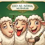 A cartoon illustration of three anthropomorphic sheep taking a funny selfie with a smartphone on a selfie stick. The sheep are posed with distinct expressions: serious (left), winking and sticking out tongue (center), and happy (right, holding the stick). The smartphone screen shows a meta-image of the same three sheep. They stand before an ornate golden and green banner with the text "EID-AL-ADHA MUBARAK" above "WISHING YOU A JOYOUS & BLESSED FESTIVAL". Golden lanterns and Islamic patterns are in the background.