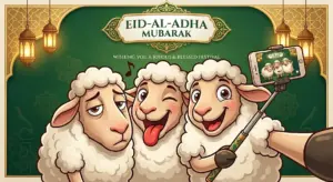A cartoon illustration of three anthropomorphic sheep taking a funny selfie with a smartphone on a selfie stick. The sheep are posed with distinct expressions: serious (left), winking and sticking out tongue (center), and happy (right, holding the stick). The smartphone screen shows a meta-image of the same three sheep. They stand before an ornate golden and green banner with the text "EID-AL-ADHA MUBARAK" above "WISHING YOU A JOYOUS & BLESSED FESTIVAL". Golden lanterns and Islamic patterns are in the background.