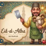 A festive illustration in a richly ornate gold and teal frame, featuring a smiling bearded man in a yellow kurta and green apron holding a meat cleaver and cradling a ram. The text "Eid-al-Adha" and "MUBARAK" are on an elegant scroll. The background shows a minaret, lanterns, and a crescent moon and star.