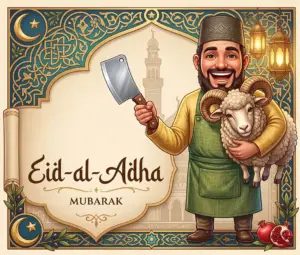 A festive illustration in a richly ornate gold and teal frame, featuring a smiling bearded man in a yellow kurta and green apron holding a meat cleaver and cradling a ram. The text "Eid-al-Adha" and "MUBARAK" are on an elegant scroll. The background shows a minaret, lanterns, and a crescent moon and star.