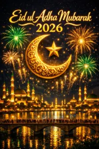 Eid ul Adha 2026 night skyline with large glowing gold text, crescent moon, mosque minarets, and emerald fireworks over river reflection in vertical portrait format