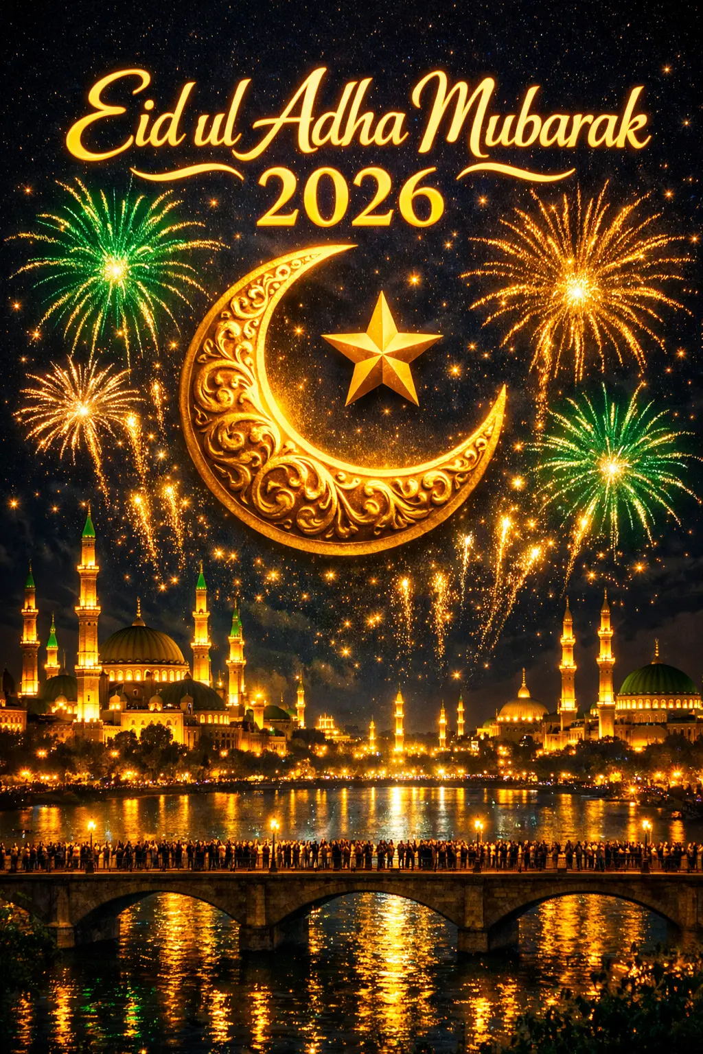 Eid ul Adha 2026 night skyline with large glowing gold text, crescent moon, mosque minarets, and emerald fireworks over river reflection in vertical portrait format