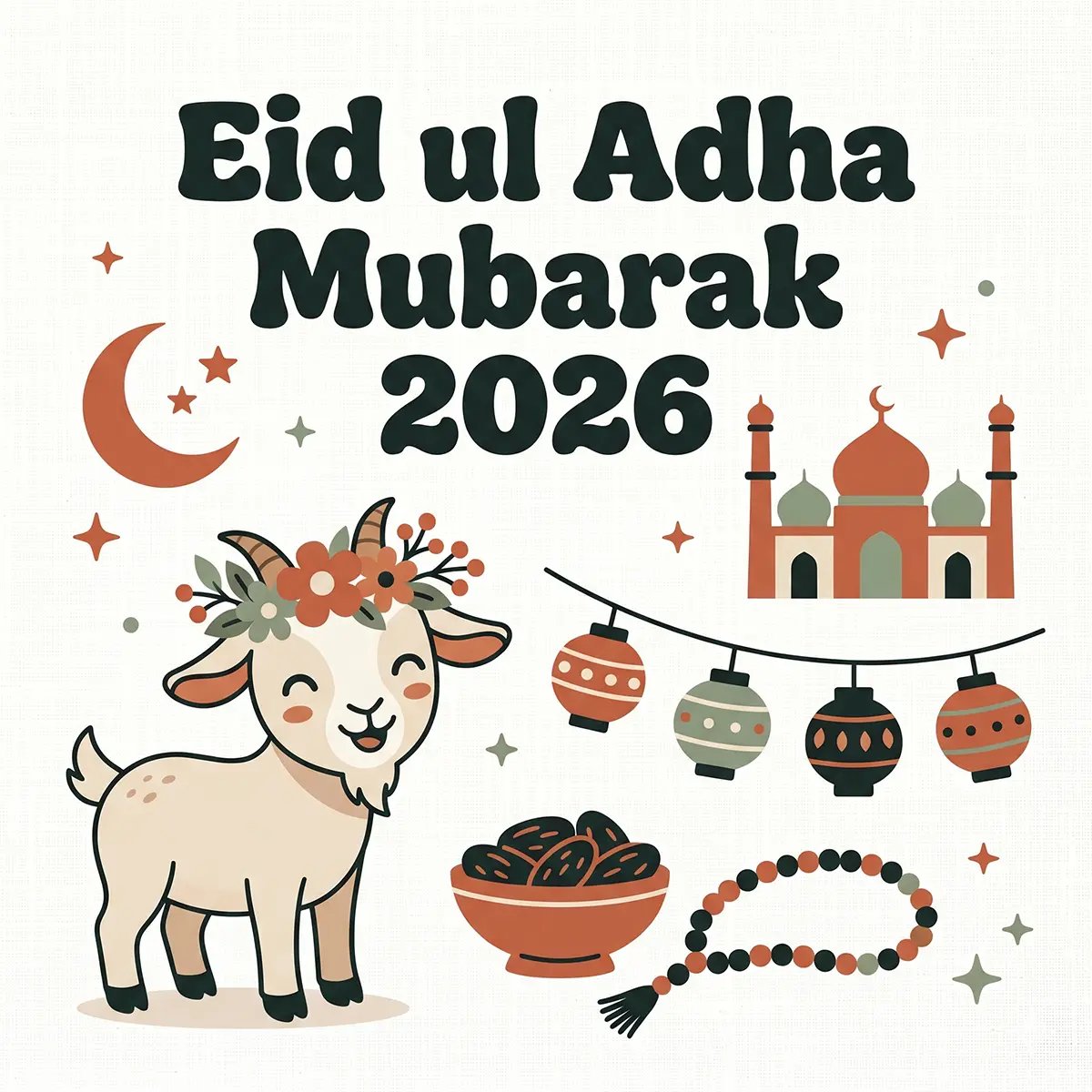 A trendy flat design vector illustration for Eid ul Adha 2026, featuring a cute smiling goat with a flower crown, mosque outline, lanterns, dates, and prayer beads in sage green and terracotta colors on an off-white linen background.