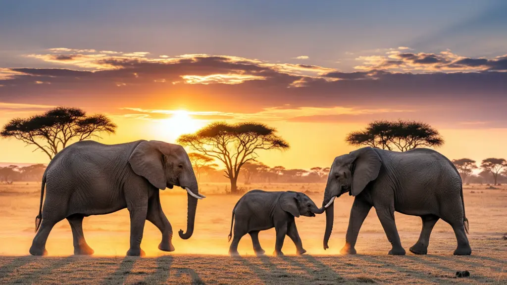 Elephant family walking in sunset background wallpaper 2k