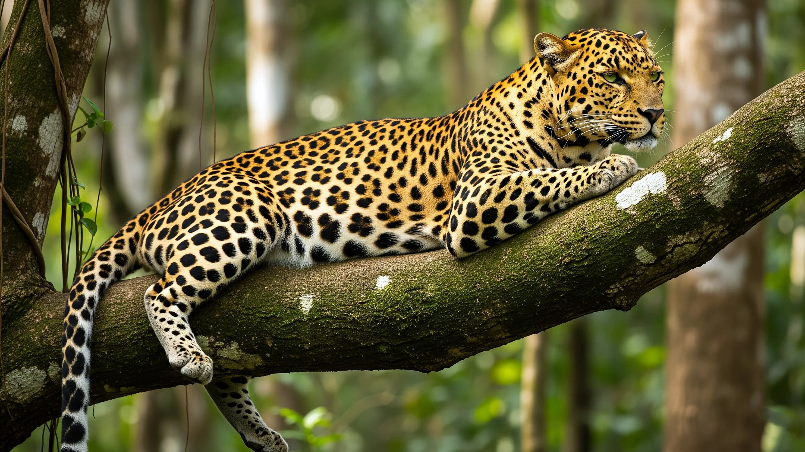 Leopard resting on a tree branch in jungle