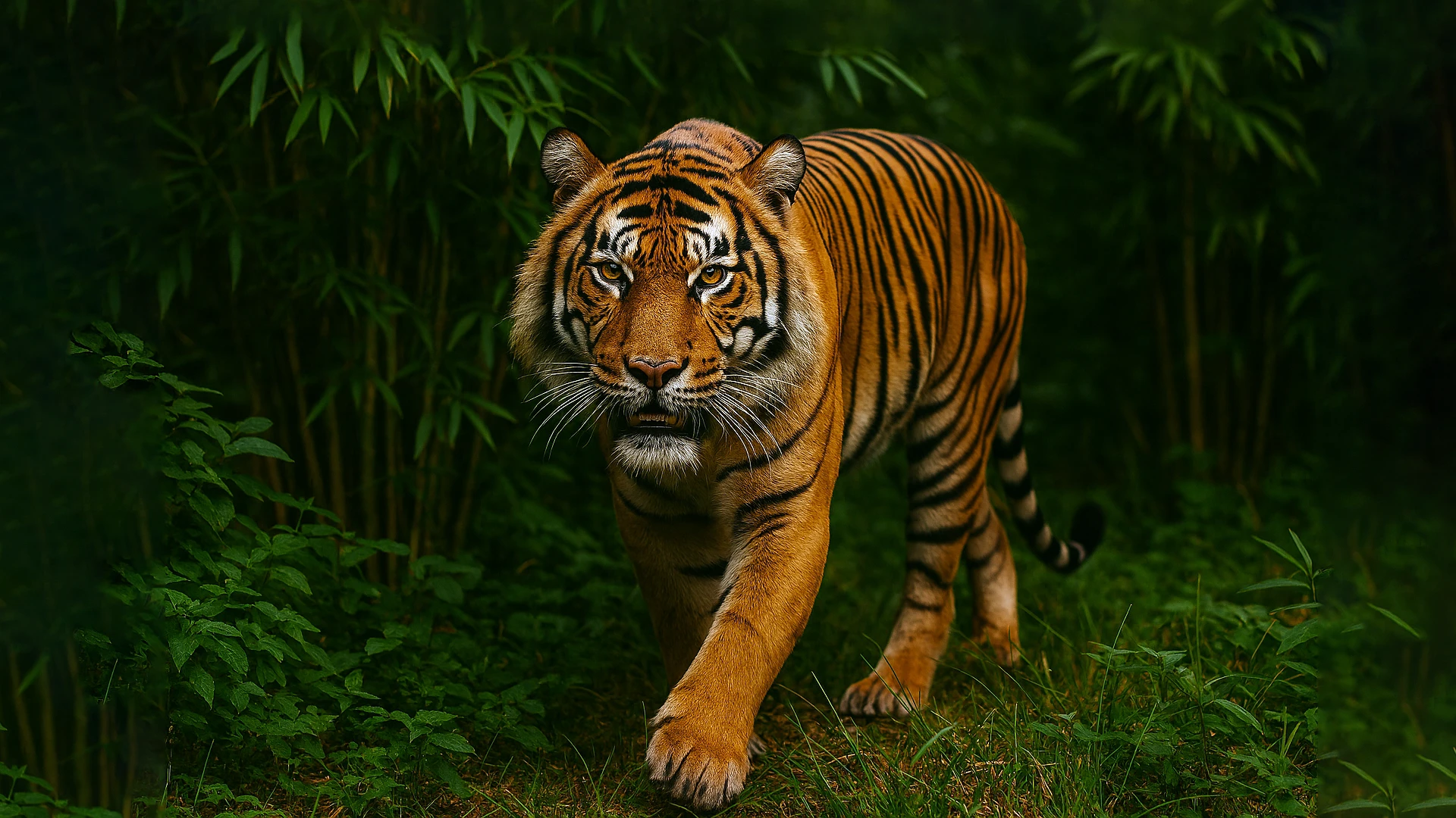 Royal Bengal tiger walking through dense jungle