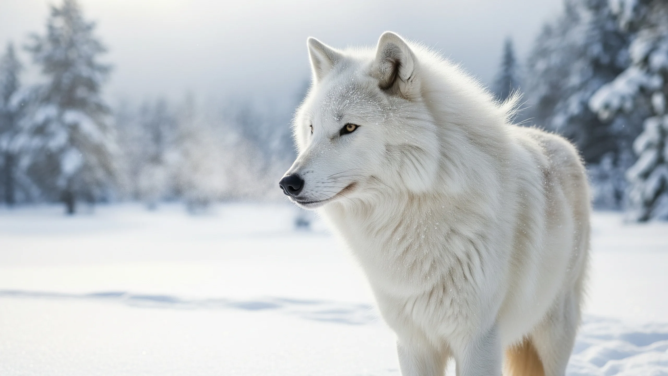 Snow wolf standing in a white winter landscape 2k 2560x1440p