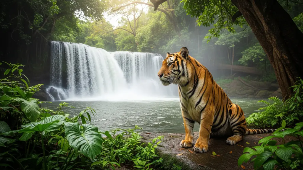 Tiger sitting near a waterfall in UHD quality 2560x1440