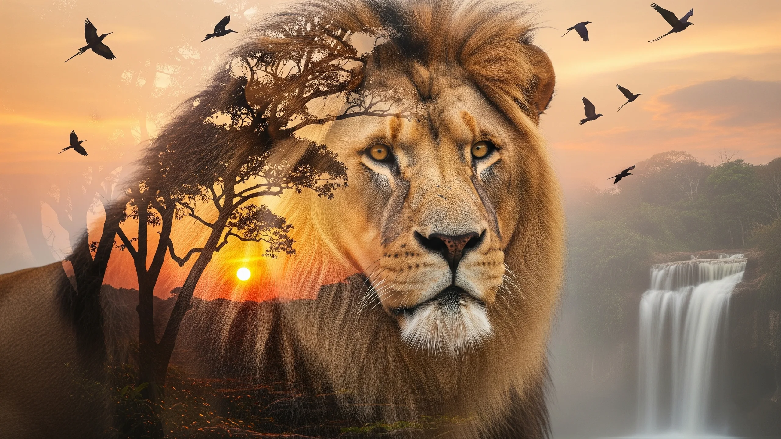 Wild animal double exposure artistic effect wallpaper 2560x1440