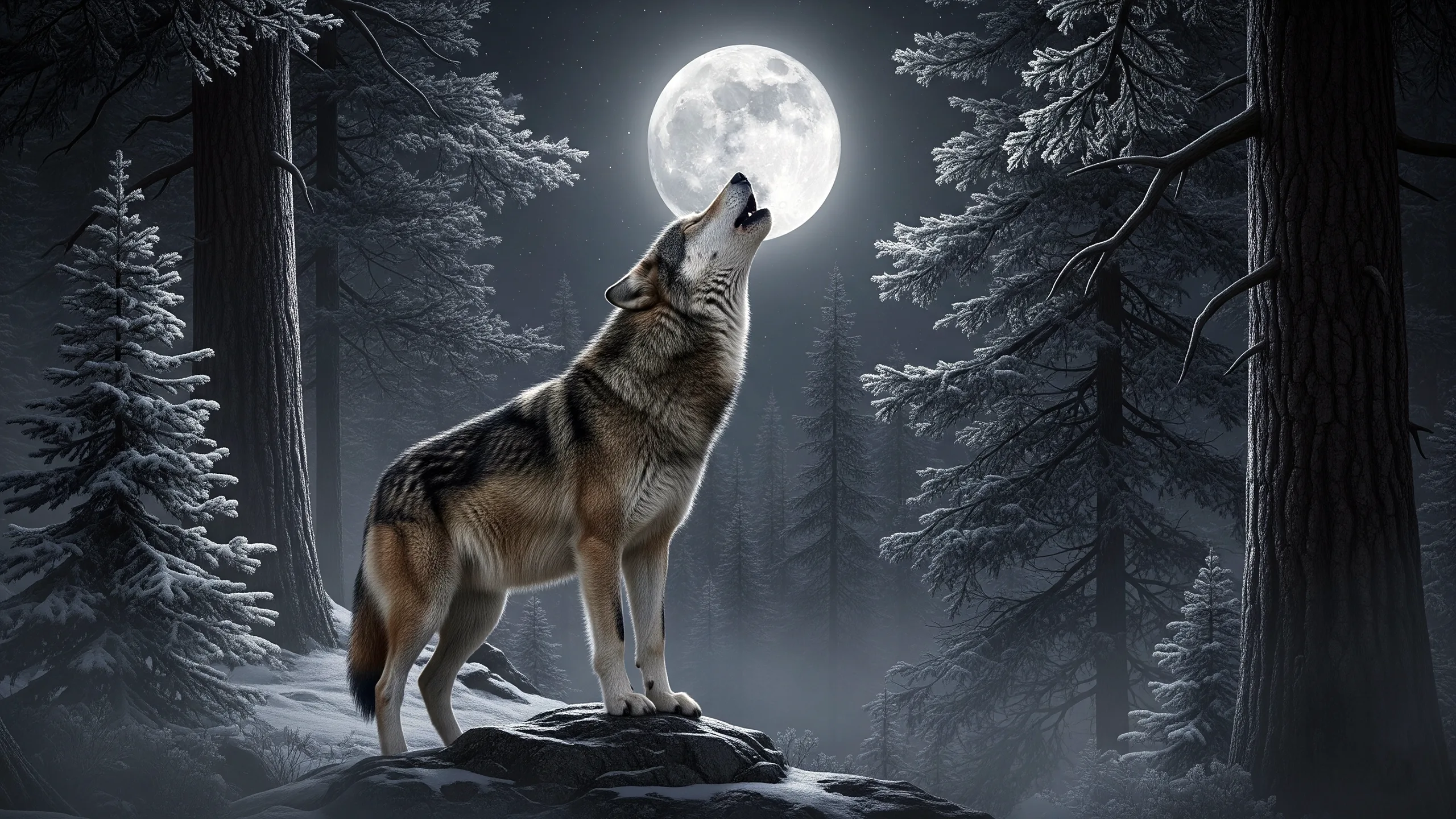 Wolf howling at full moon in dark forest