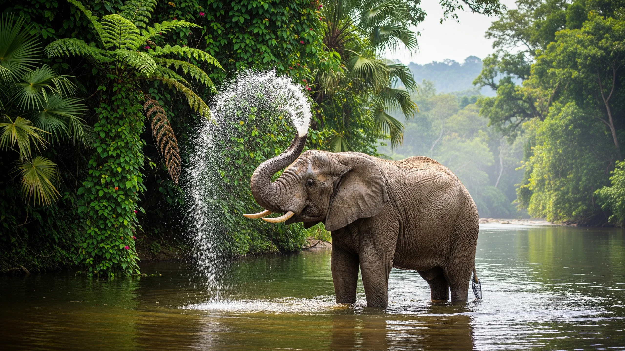 wild Elephant near river with reflection in water 2k 2560x1440p for desktop wallpaper