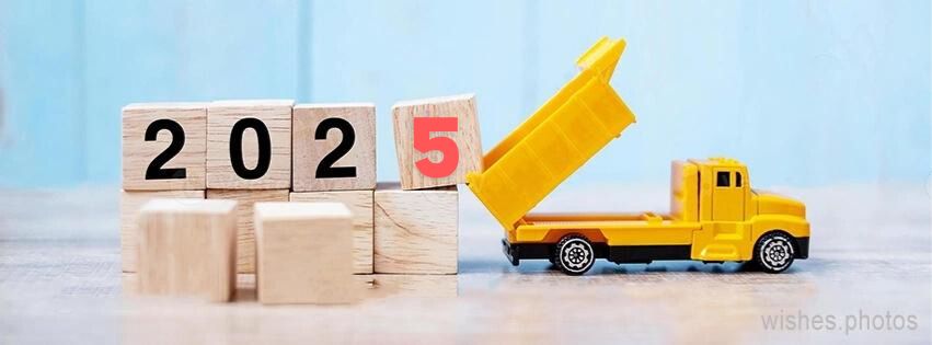 FB cover photo 2025 happy new year with miniature truck or construction vehicle new start vision resolution goal industrial warehouse concept photo