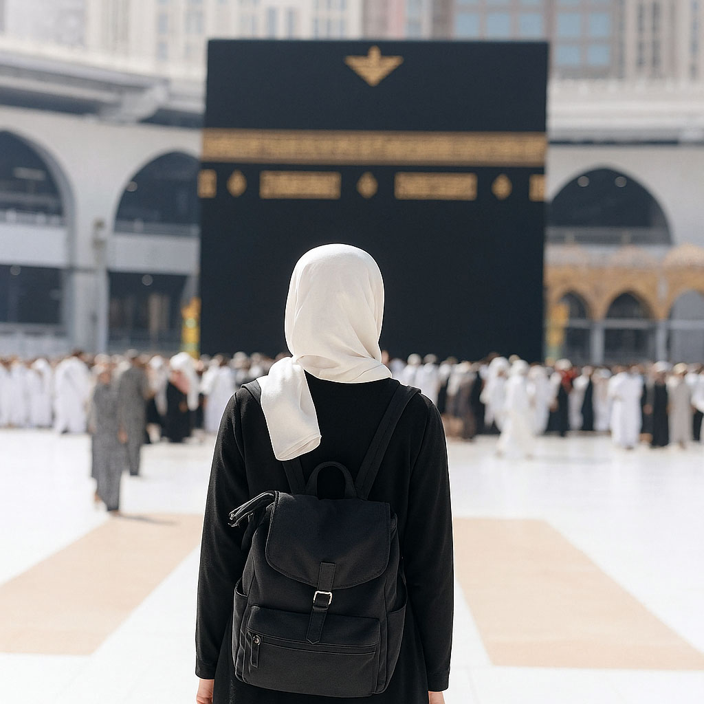 Pilgrim Facing the Kaaba in Mecca – Spiritual Journey During Umrah or Hajj