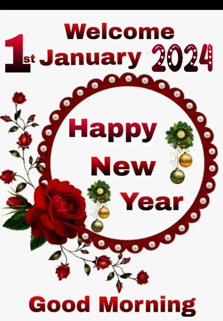 Welcome 1st January 2024, happy new year, good morning image red black white
