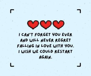 I cant forget you ever and will never regret falling in love with you. I wish we could restart again. i can’t forget you ever and will never regret falling in love with you i wish we could restart again