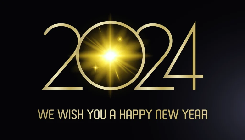 we wish you a happy new year 2024 shining sparkler firework gold and black greeting card vector